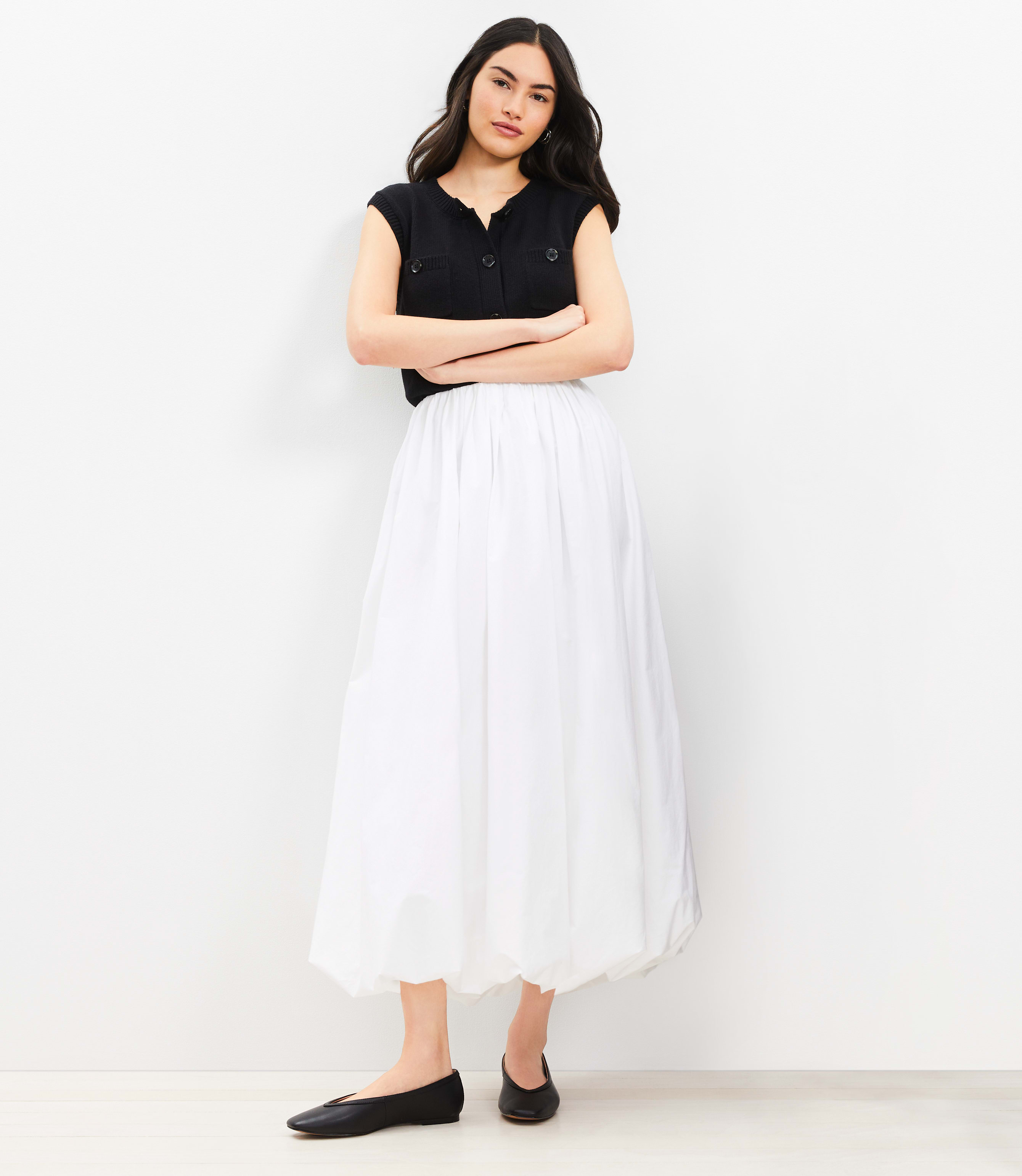 women's loft poplin bubble mixed media midi dress Loft Poplin Bubble Mixed Media Dress