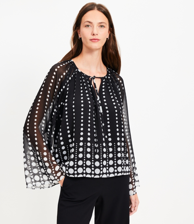 Dotted Flare Sleeve Tie Neck Blouse