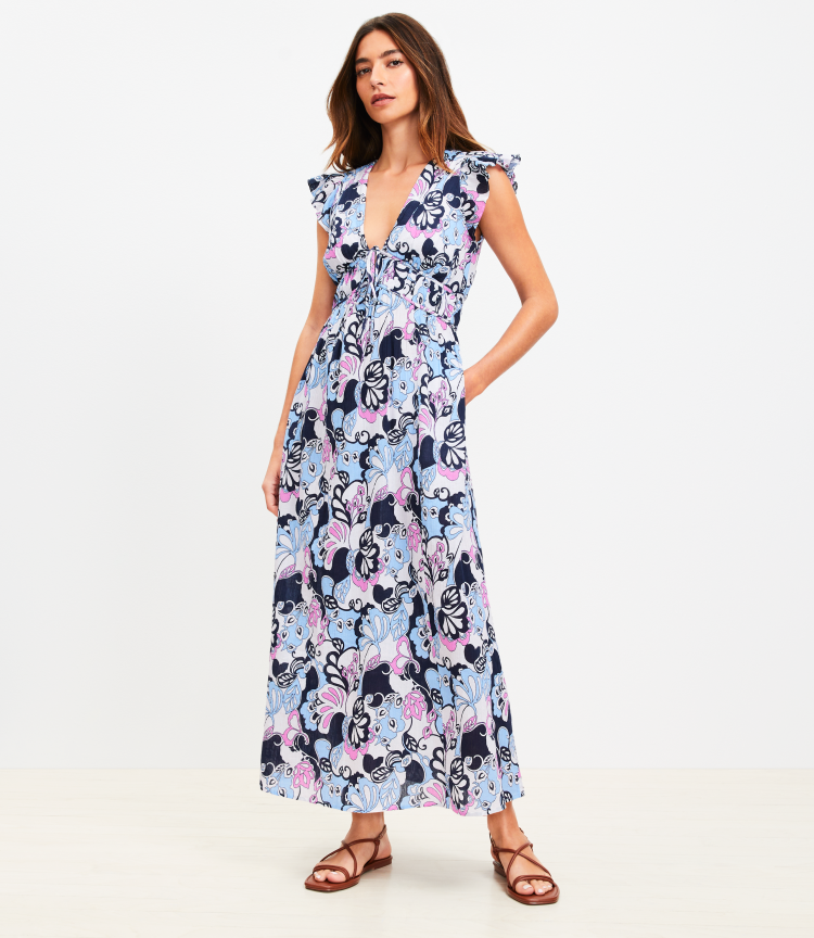 loft beach mosaic poplin ruffle strap maxi pocket dress LOFT Beach Geo Poplin Ruffle Strap Maxi Pocket Dress