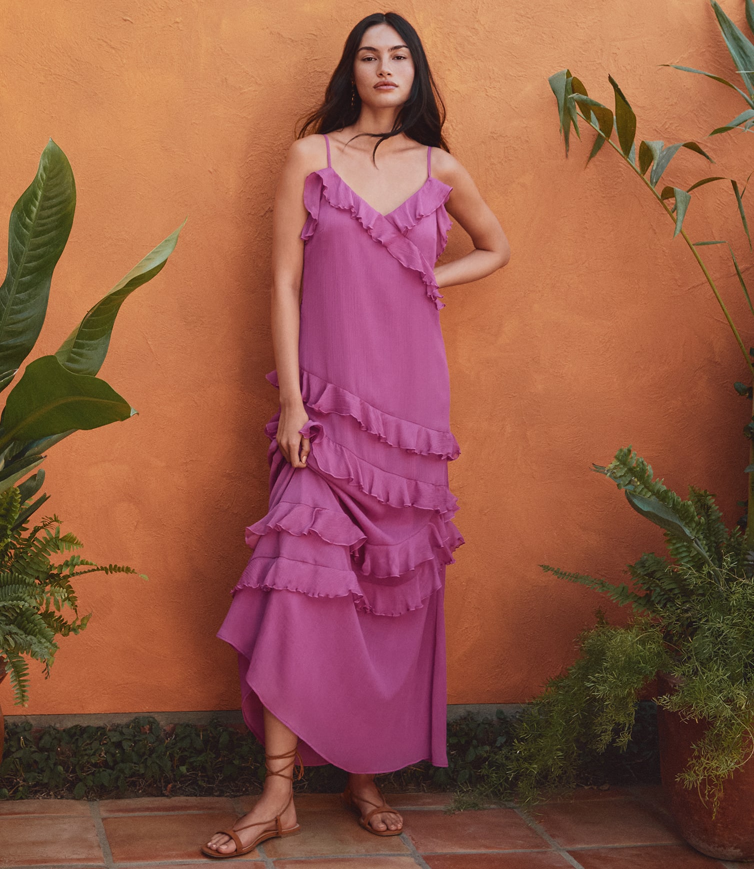 loft pink maxi dress Ruffle Strappy Maxi Dress