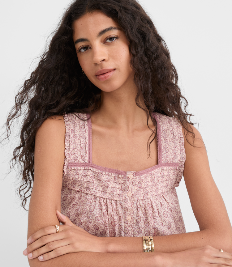 Petite Paisley Pintucked Square Neck Blouse