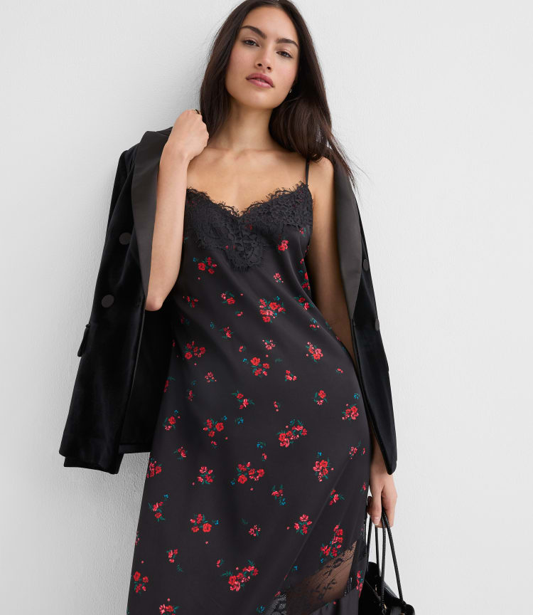 Loft Floral Chantilly Lace Maxi Slip Dress Size 4 Black Women's