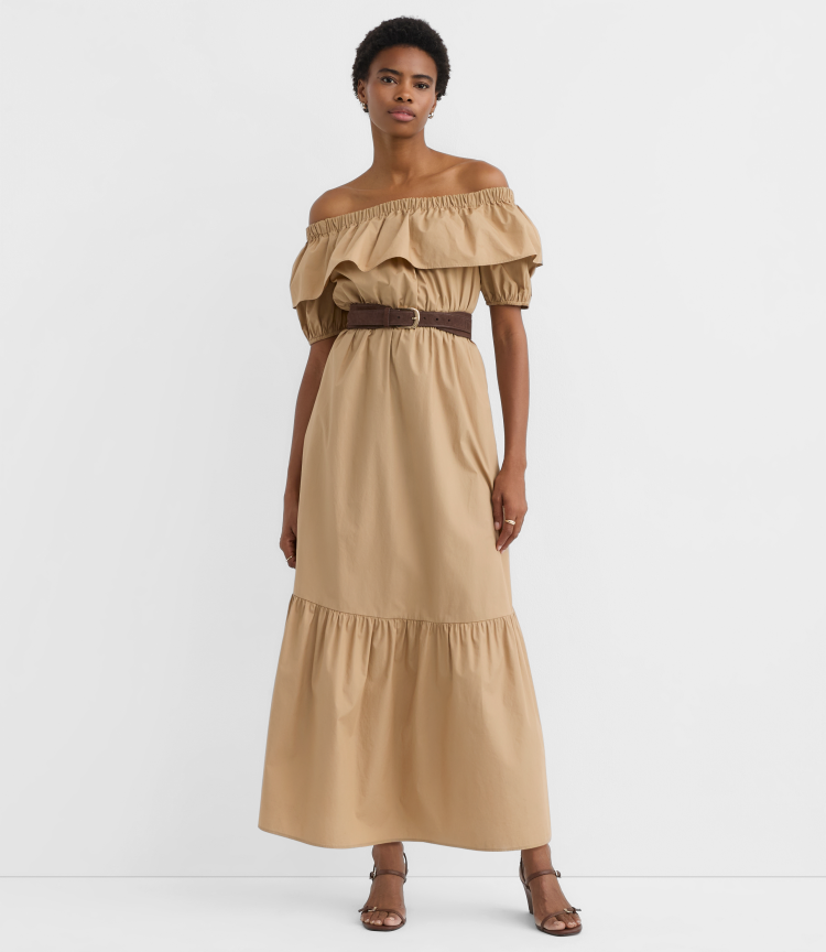 petite poplin backless maxi dress Loft Ruffle Off The Shoulder Pocket Size Small Chai Latte Women's Short sleeves with elasticized
