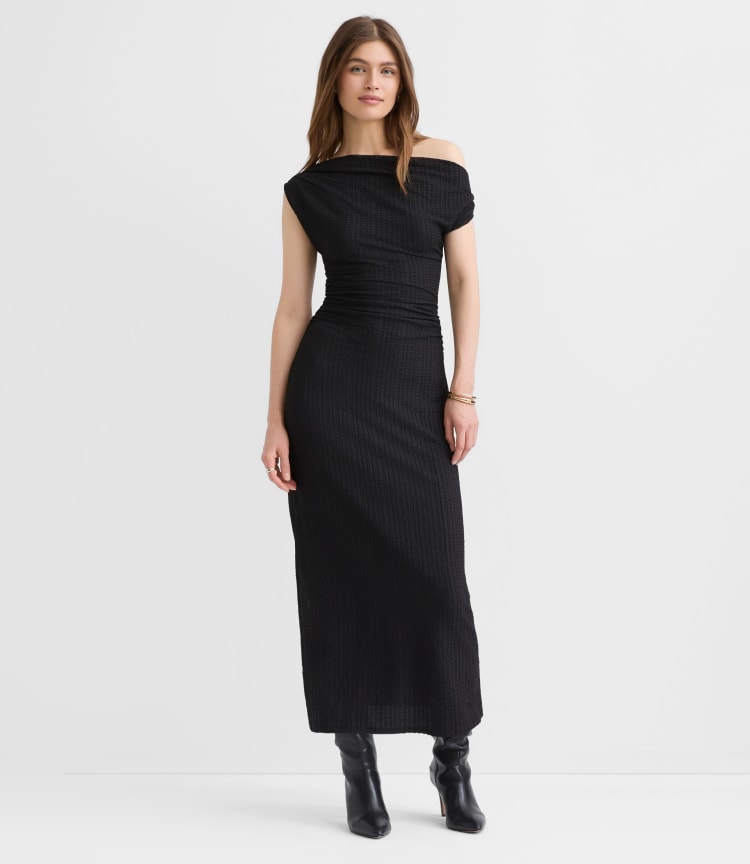 Loft Tall Asymmetrical Ruched Midi Dress Size Small Black Women's