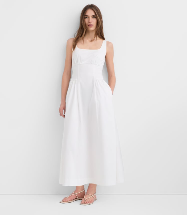 white midi dress with pockets White A-Line Midi Dress - Lace-Up Dress - Midi Dress With Pockets