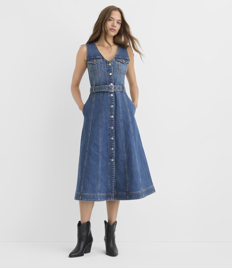 ladies petite denim dress Belted Seamed Midi Pocket in Classic Indigo Wash UO Bella Bow-Back Satin RCT-Joz-202539 short sleeve denim dress or dress it up Color:Midnight Labyrinth