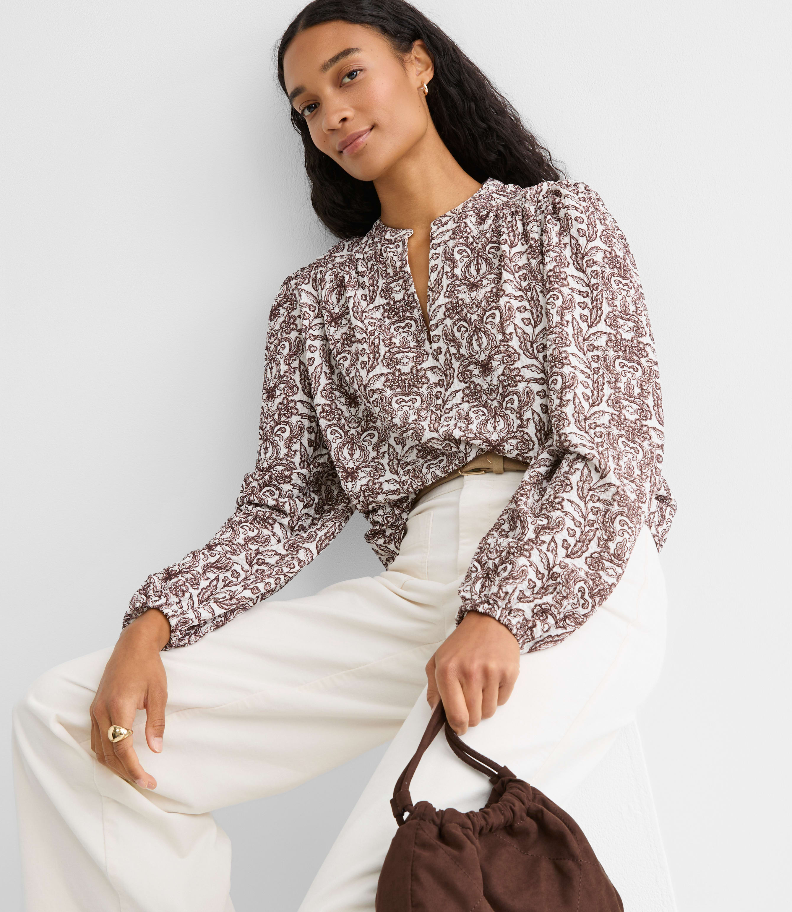 Lace Garden Crinkle Knit Split Neck Blouse