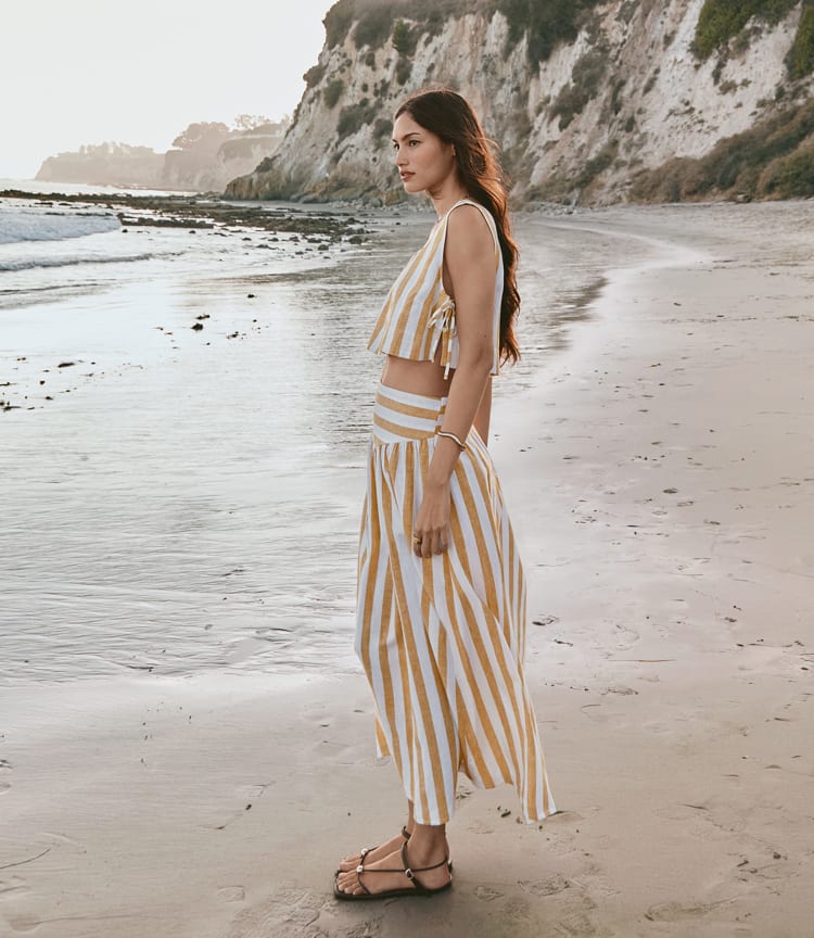 Loft Beach Striped Linen Cotton Maxi Skirt Size Large Gold Nugget Women's