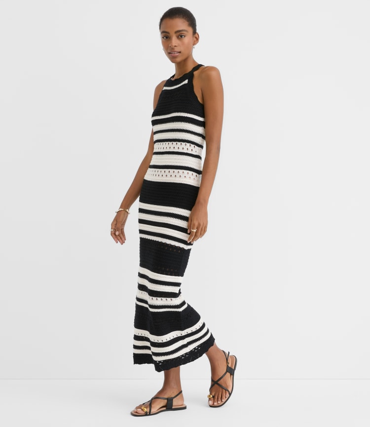 Loft Beach Striped Crochet Halter Maxi Dress Size XL Black Women's