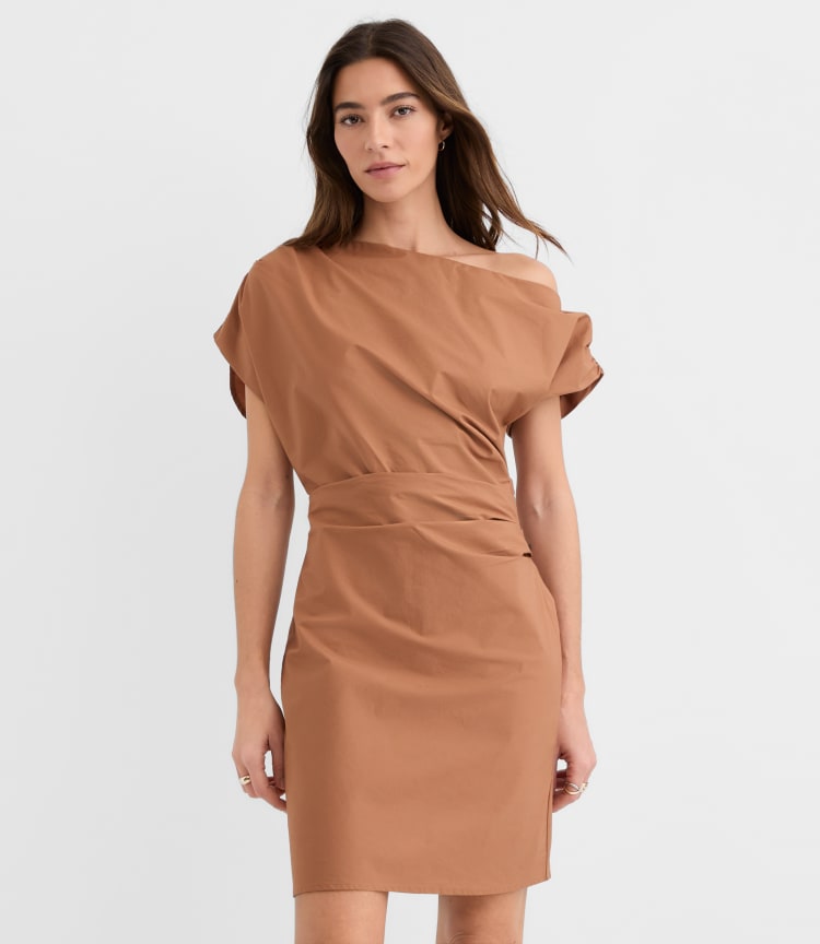 cotton poplin asymmetrical shirt dress Loft Ruched Mini Size 2 Iced Mocha Women's endlessly feminine SN:Spring What Bra to wear Color:Robin Blue
