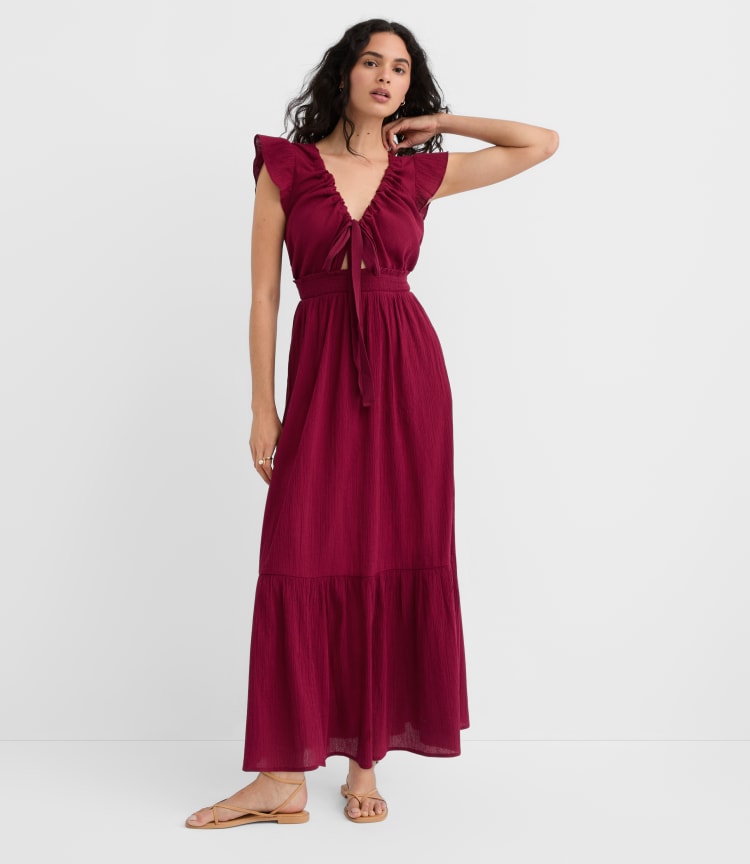 loft cut out dress Loft Beach Bow Cutout Maxi Pocket Dress Size XS Cranberry Bliss Women's
