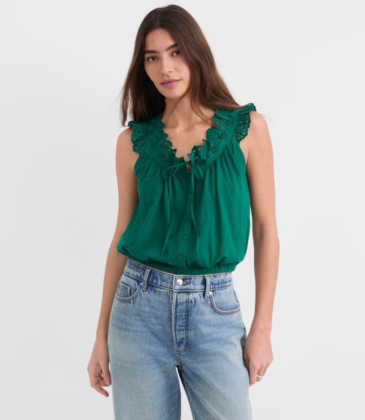 Eyelet Ruffle Tie Neck Button Top