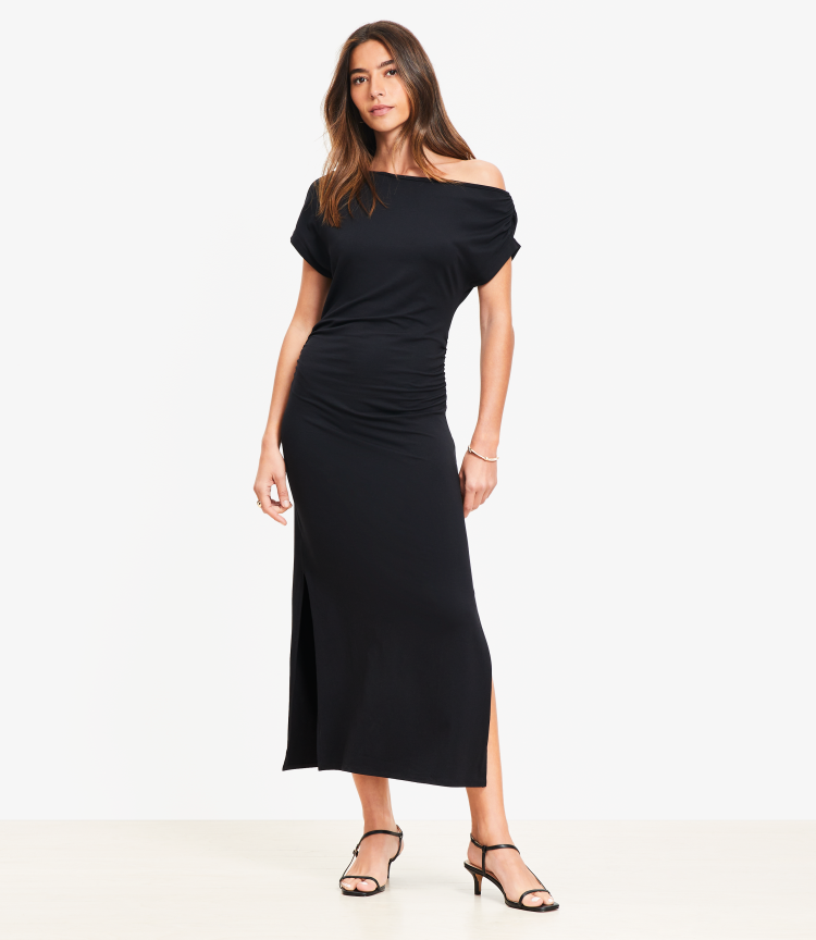 asymmetric ruched midi dress in ivory Gabrielle Ivory Asymmetrical Ruched Midi Dress S / White