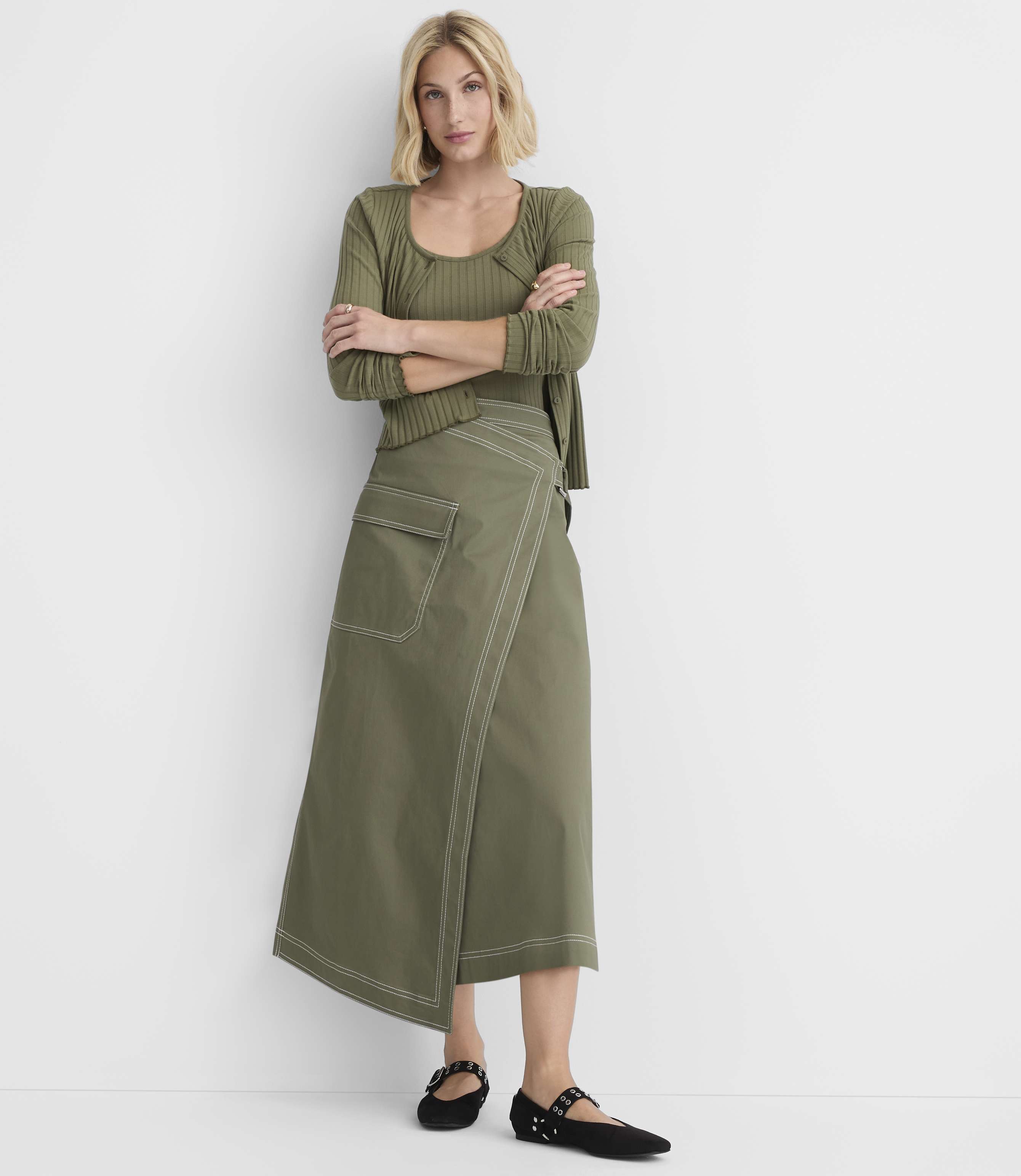 Topstitched Midi Pocket Wrap Skirt