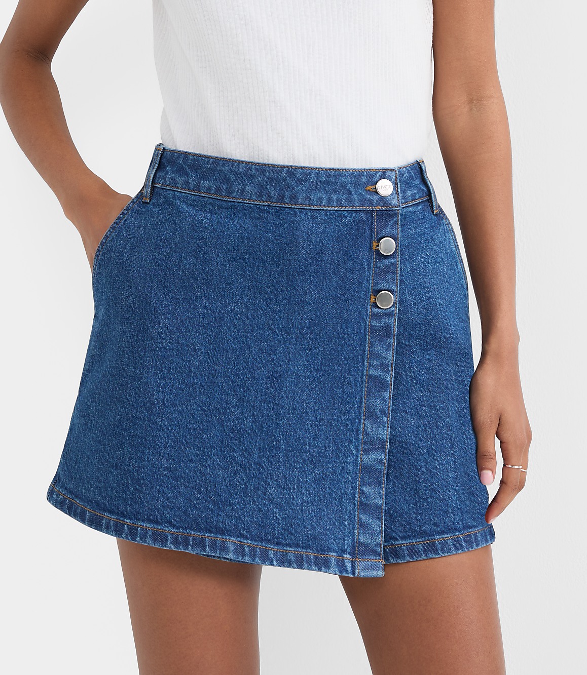 Denim Wrap Skort in Medium Stone Wash