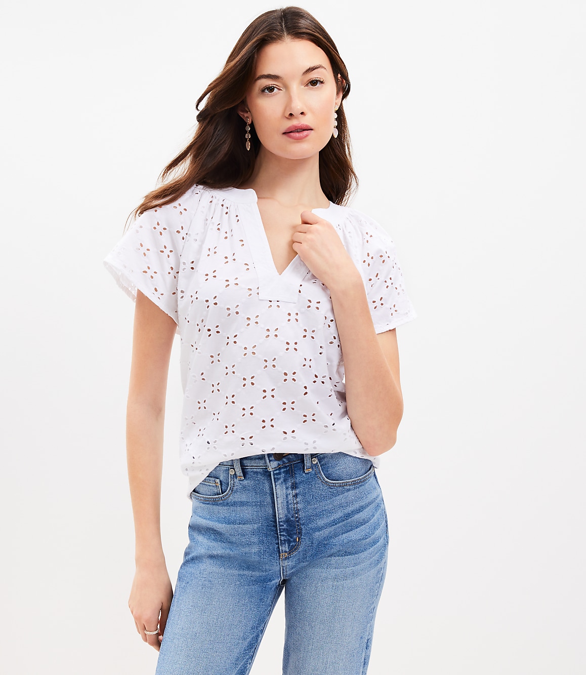Petite Eyelet Split Neck Top