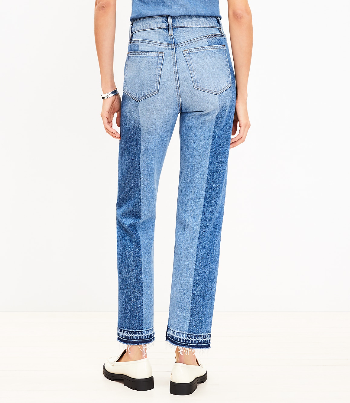 Striped Let Down Hem High Rise Straight Jeans in Original Mid Indigo Wash