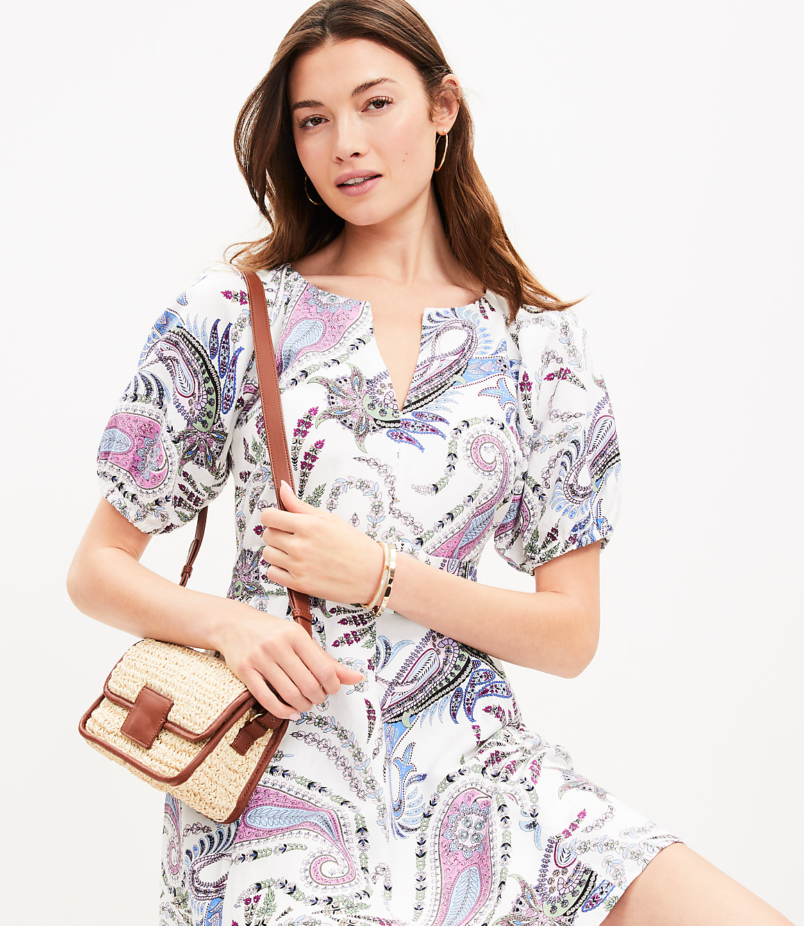 Paisley Linen Blend Belted Puff Sleeve Dress