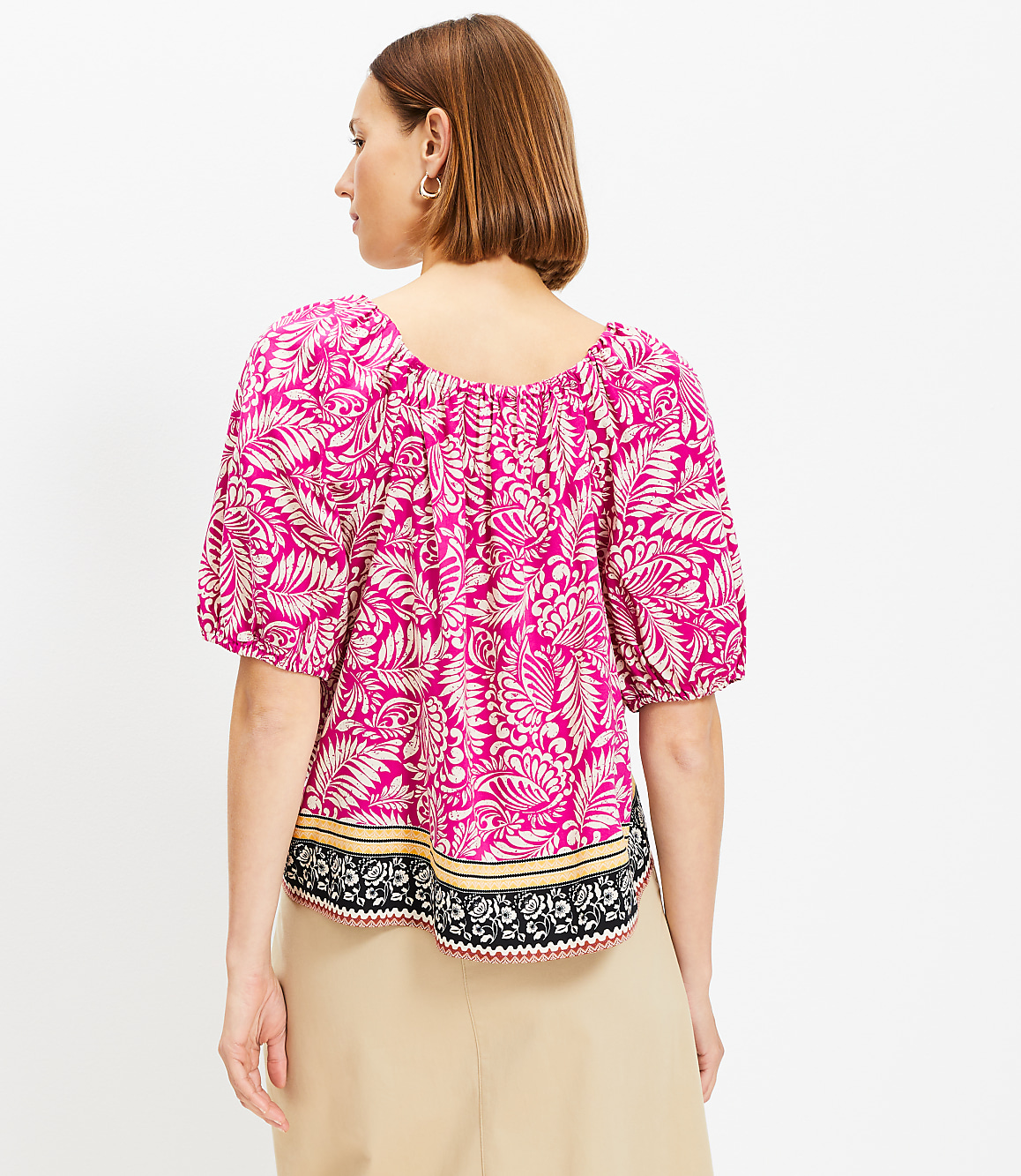 Palm Bubble Sleeve Square Neck Blouse