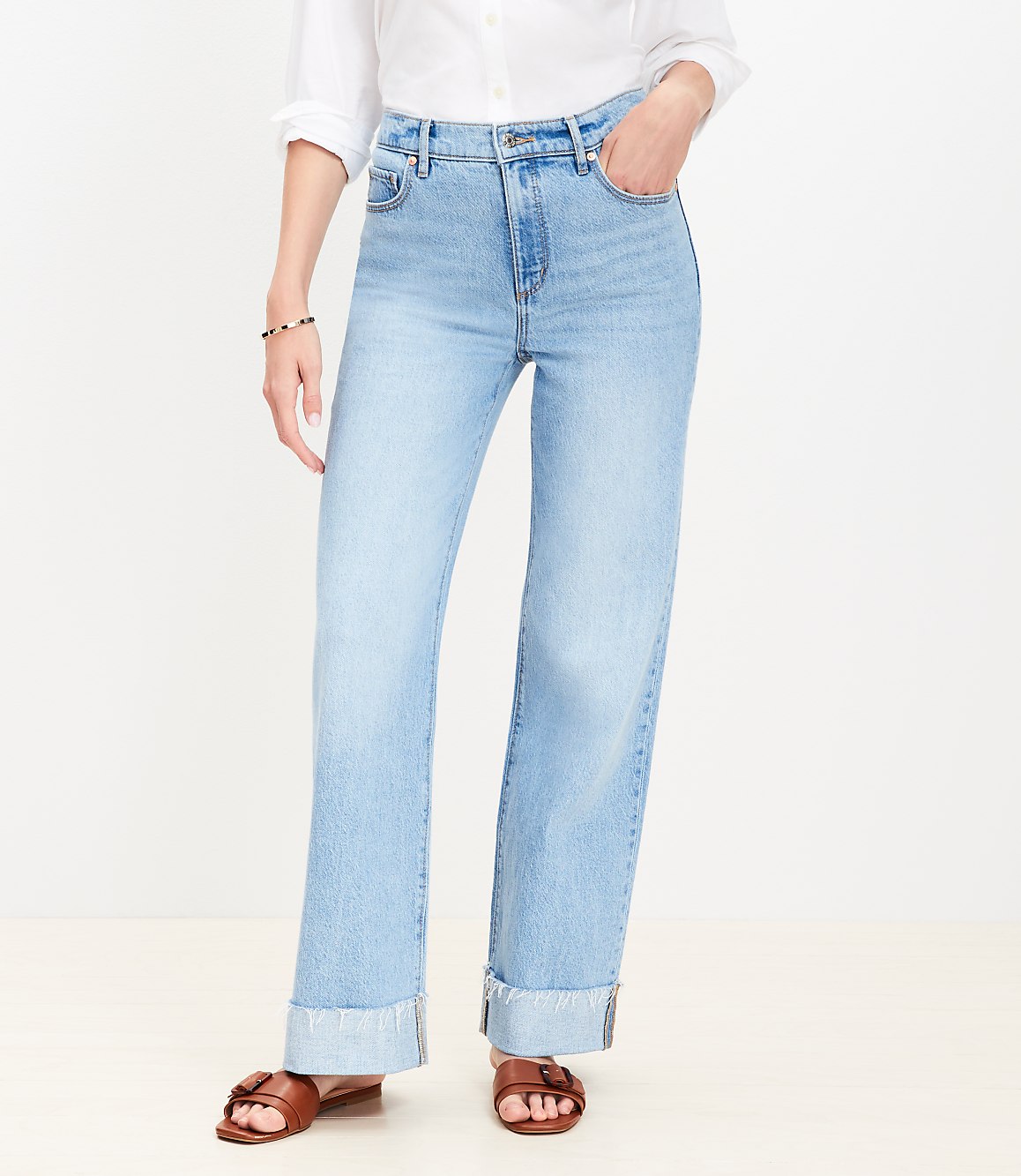 Flip Cuff High Rise Wide Leg Jeans in Light Wash