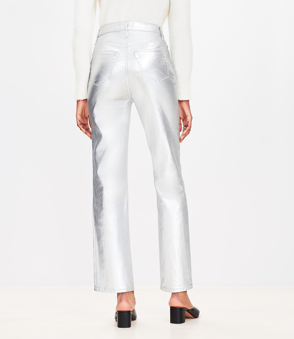Coated High Rise Straight Jeans in Silver Metallic