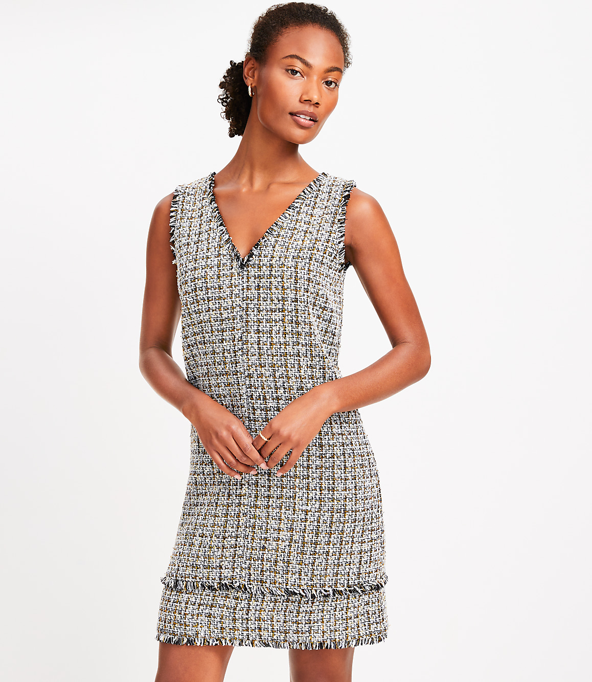Metallic Fringe Tweed Double V Mini Dress