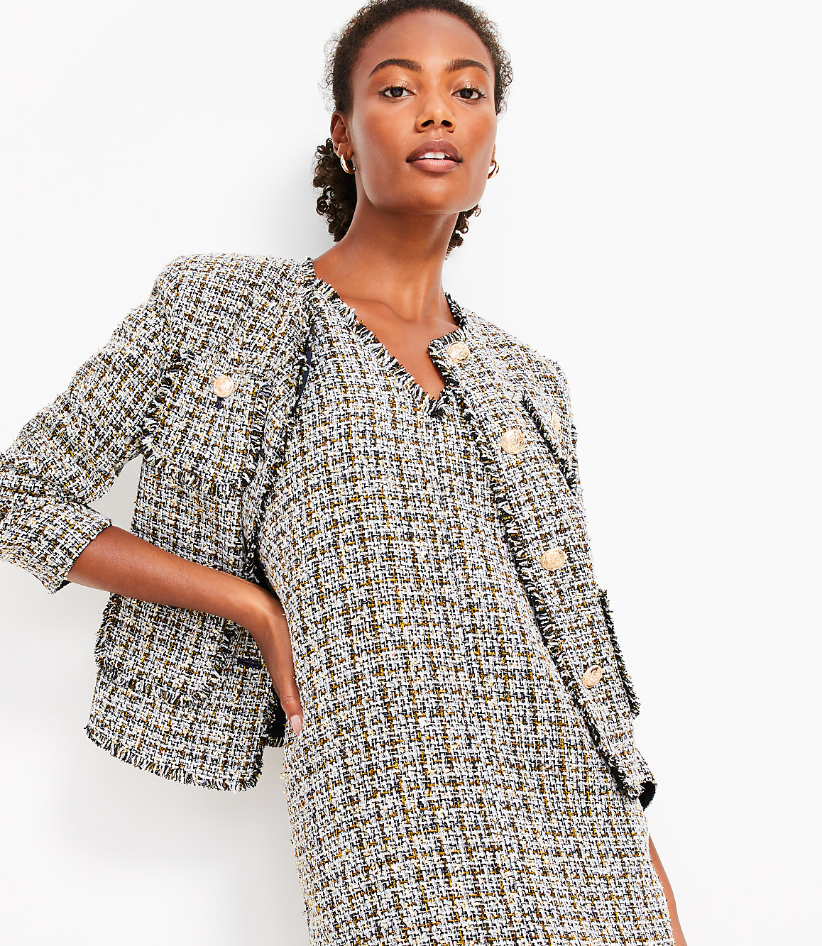 Metallic Fringe Tweed Double V Mini Dress
