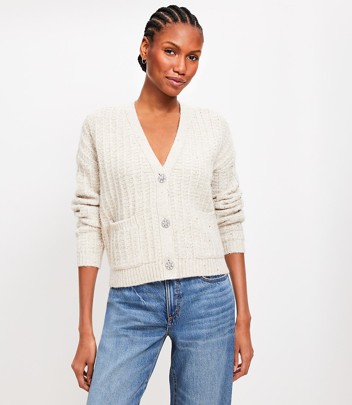 Sparkle Button Sequin V-Neck Pocket Cardigan