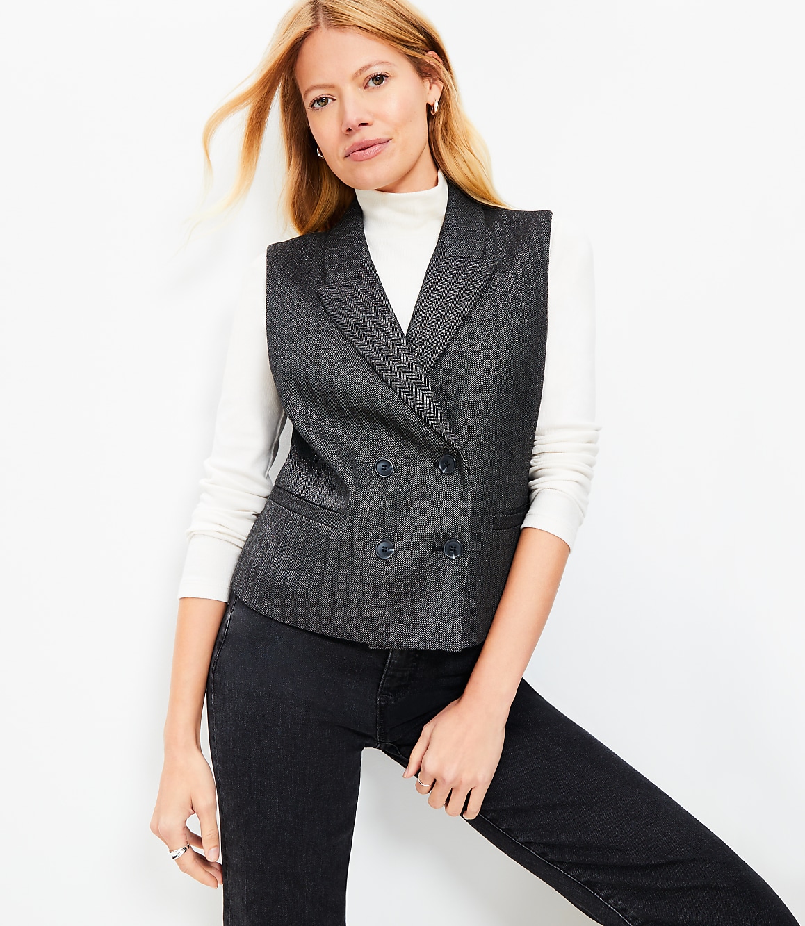 Petite Shimmer Herringbone Double Breasted Vest
