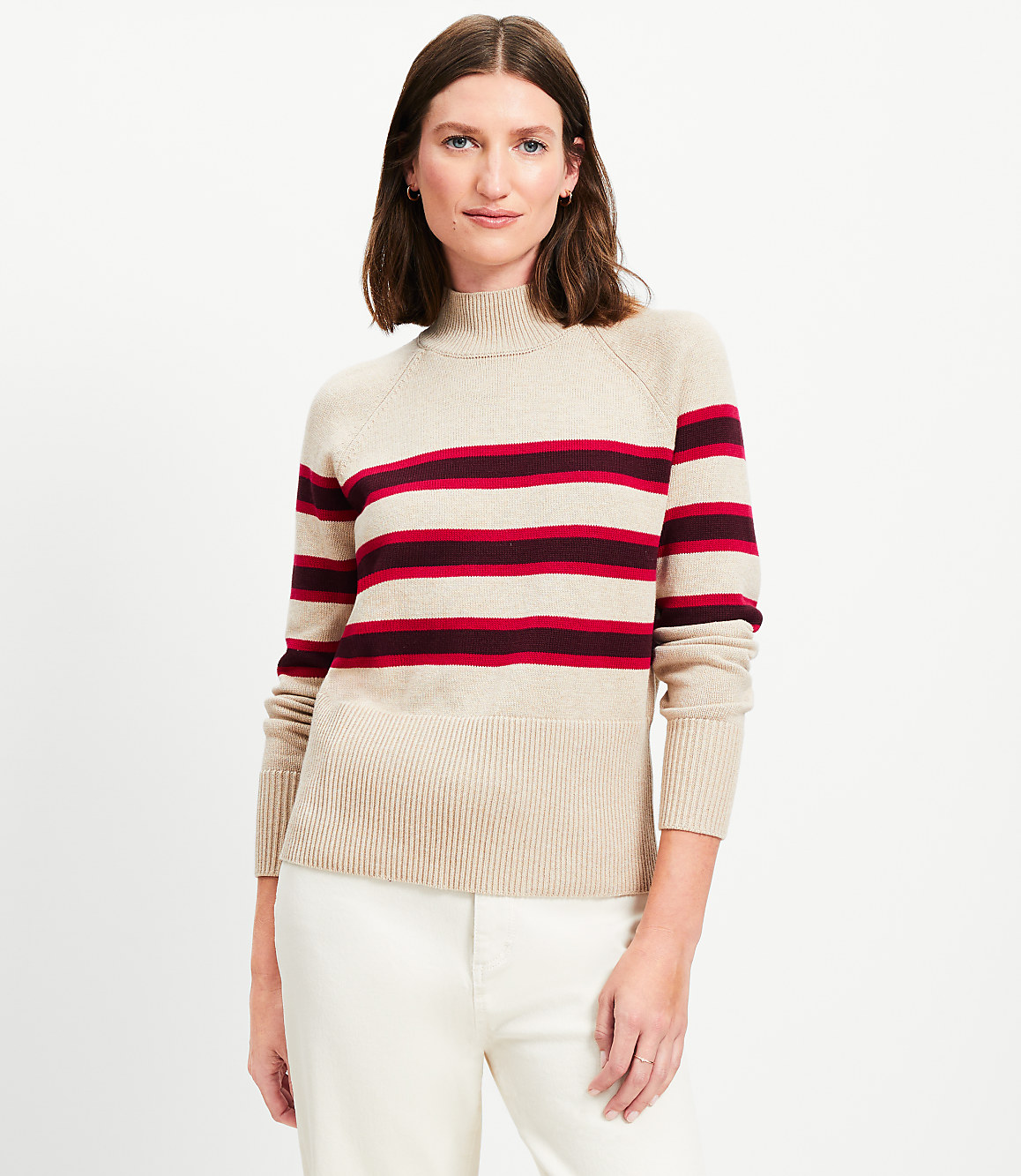 Striped Ribtrim Mock Neck Sweater