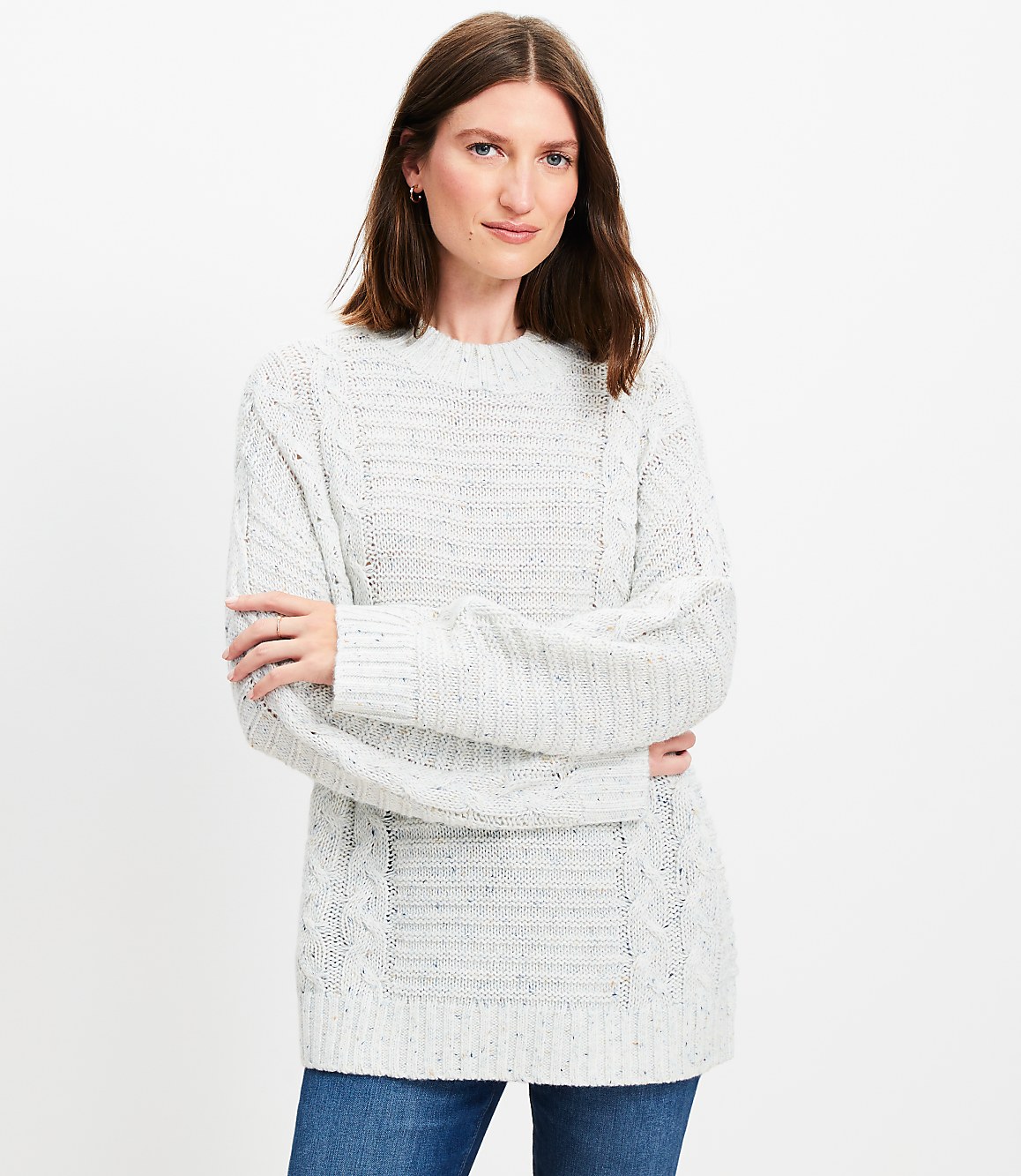 Flecked Cable Linked Mock Neck Tunic Sweater
