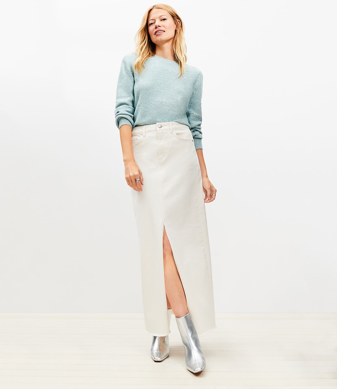 Frayed Denim Maxi Skirt in Ivory