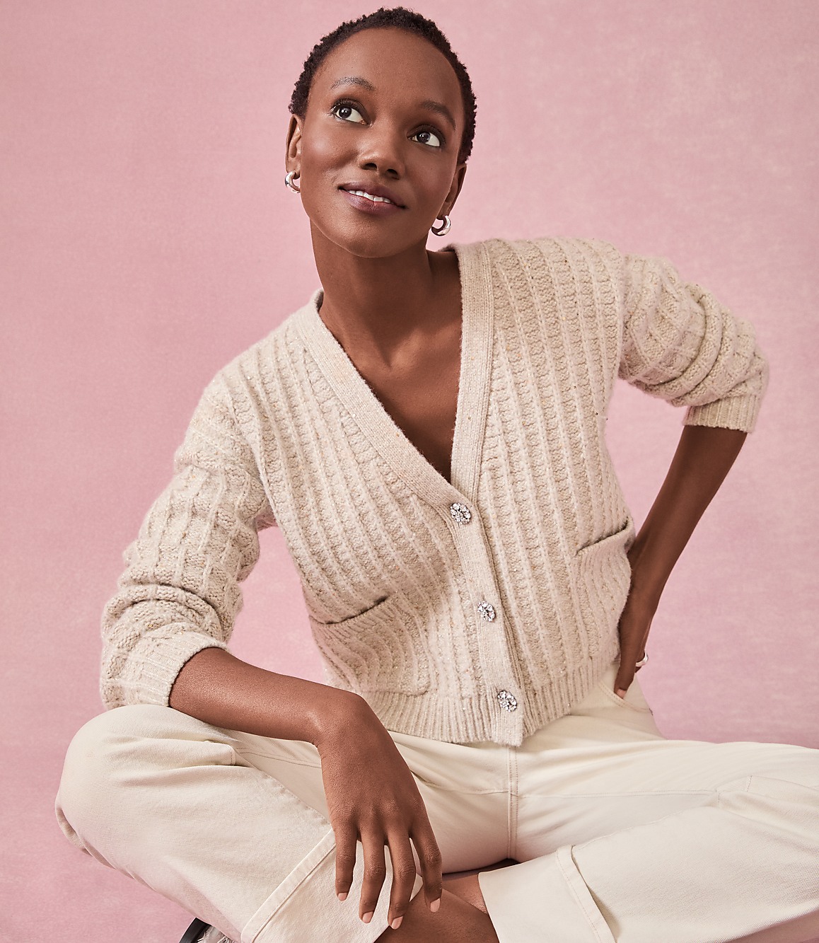 Sparkle Button Sequin V-Neck Pocket Cardigan