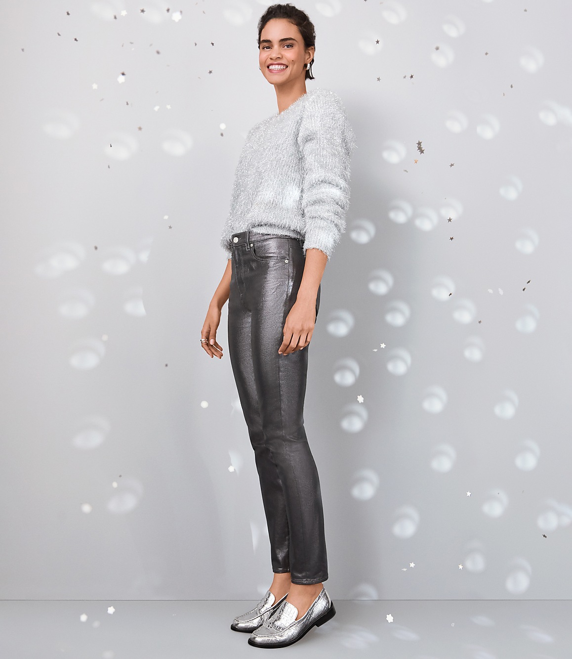 Petite Coated High Rise Skinny Jeans in Pewter Metallic
