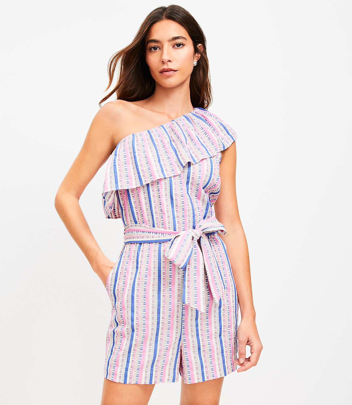 LOFT Beach Dobby Stripe One Shoulder Romper