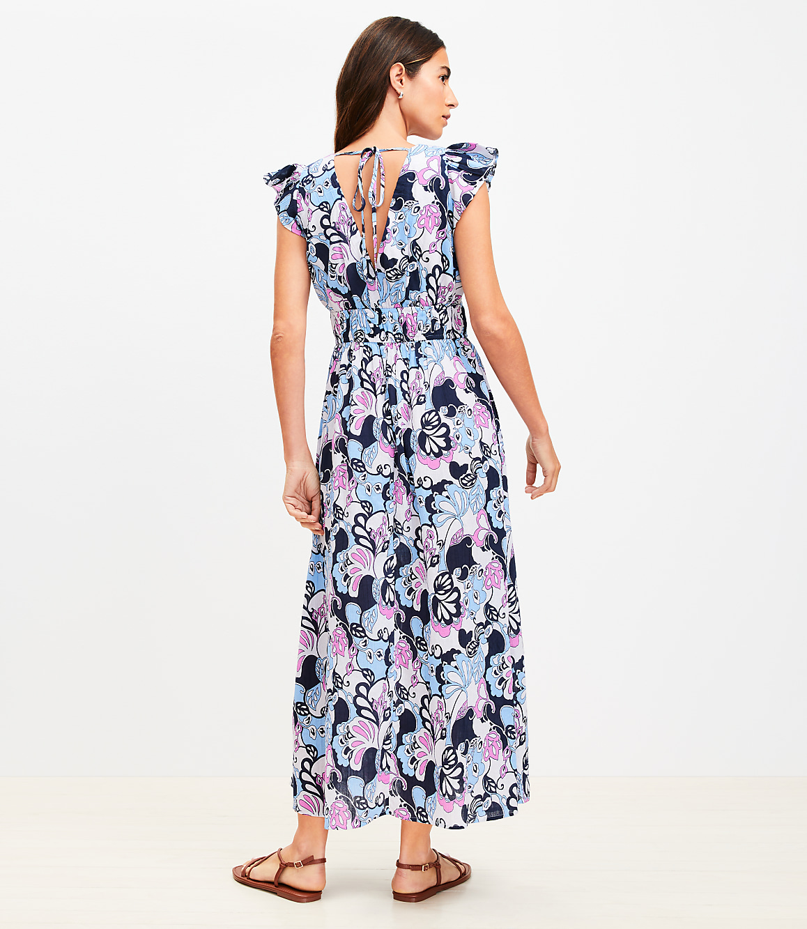 Petite LOFT Beach Floral Ruffle Sleeve Maxi Pocket Dress