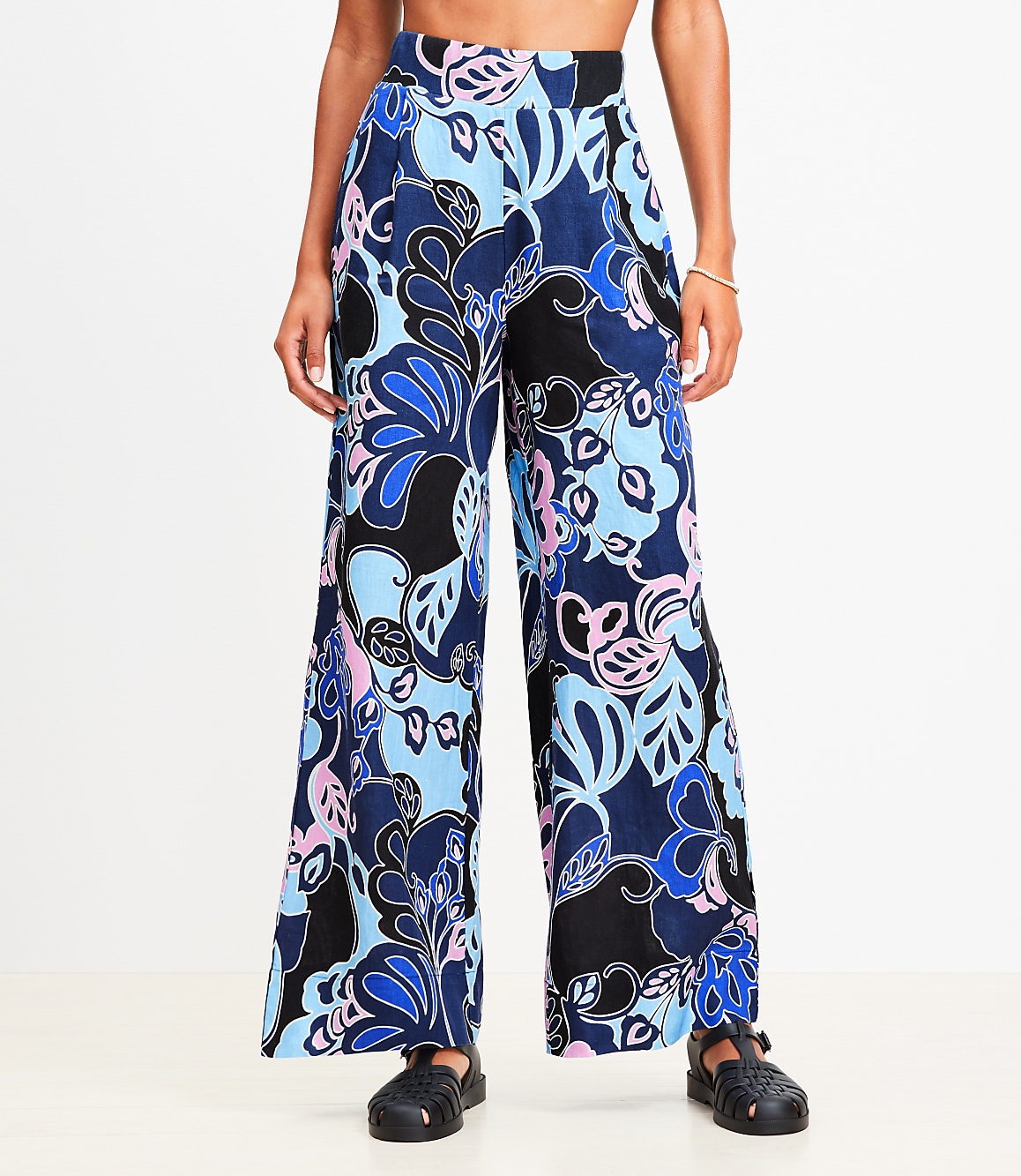 LOFT Beach Floral Linen Blend Wide Leg Pants