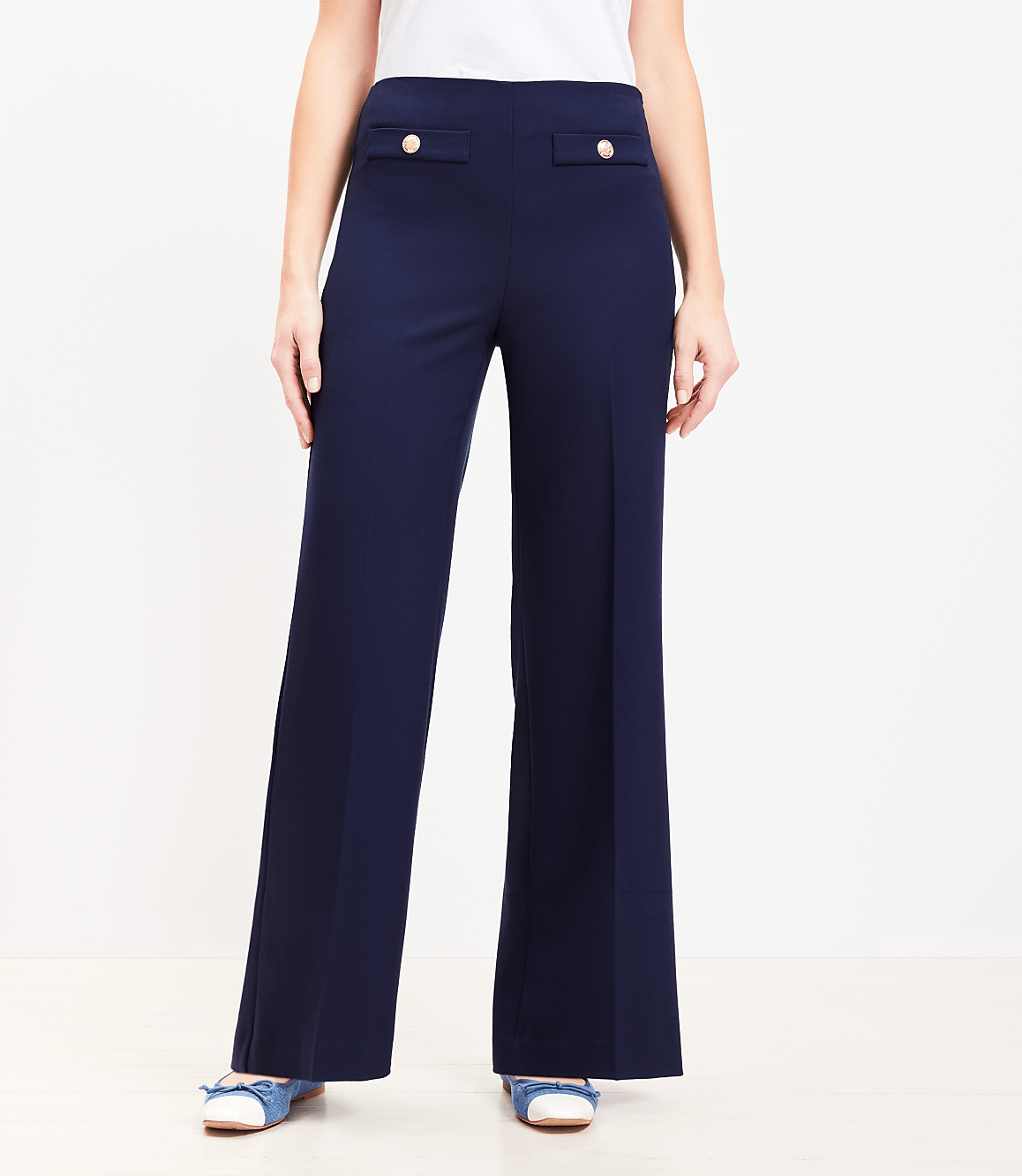 Button Trim Wide Leg Pants in Twill