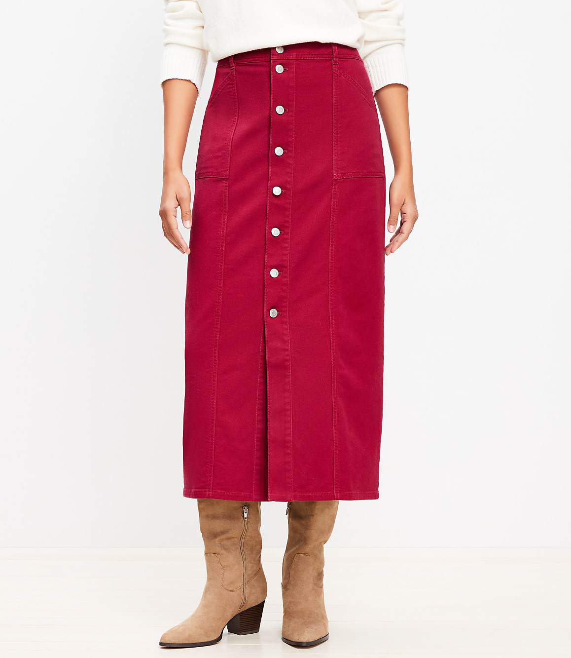 Twill Button Pocket Midi Skirt