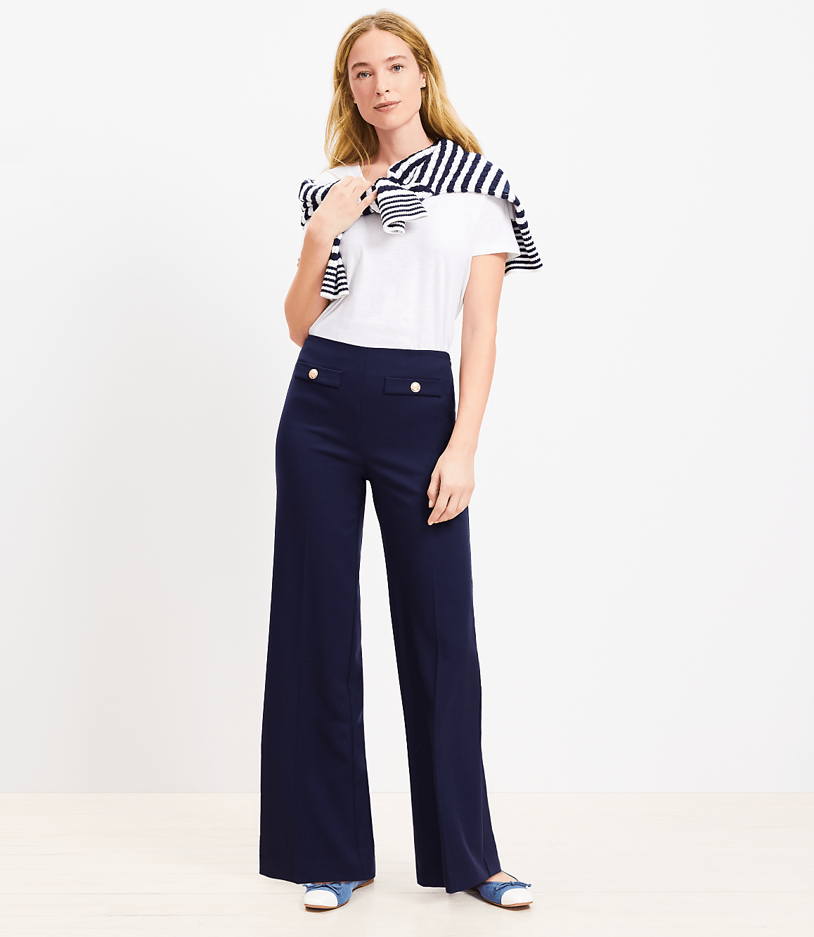 Button Trim Wide Leg Pants in Twill