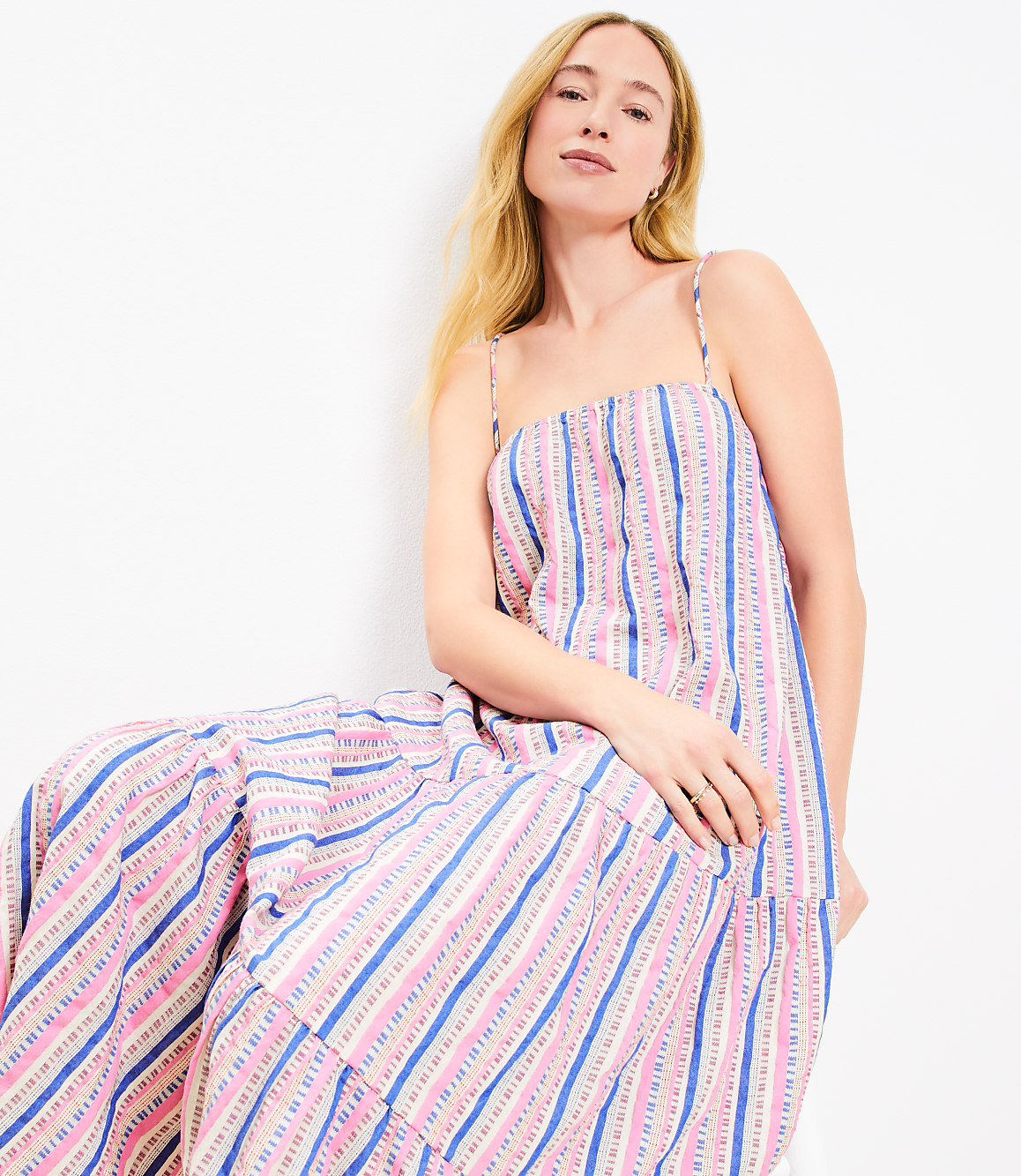 Loft Beach Dobby Stripe Square Neck Tiered Maxi Dress Size Large Whisper White Women's