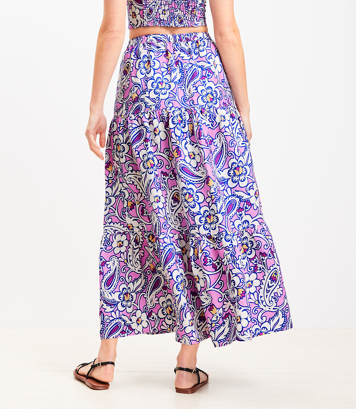 Petite LOFT Beach Paisley Linen Blend Tiered Maxi Pocket Skirt