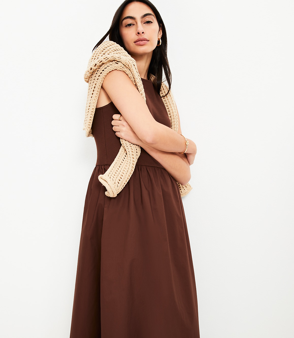 Petite Poplin Mixed Media Midi Pocket Dress