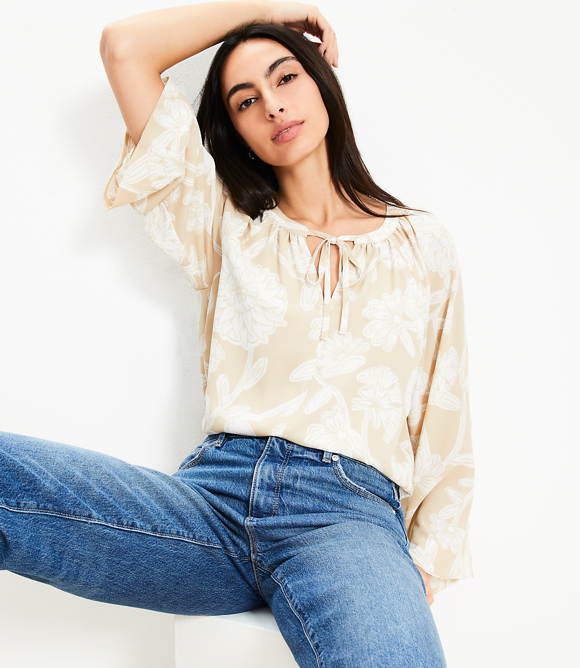 Petite Floral Tie Neck Flare Sleeve Blouse