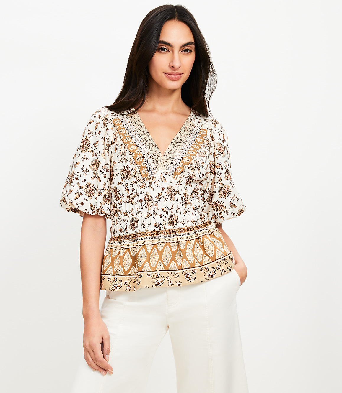 Striped Floral Pintucked V-Neck Peplum Blouse