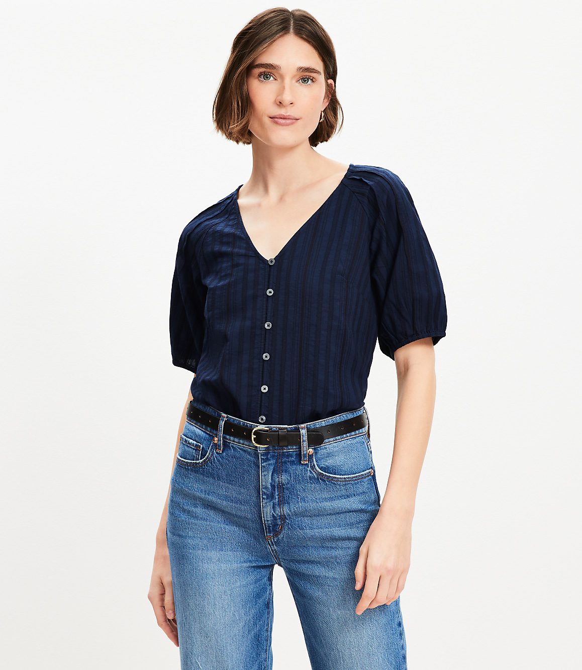 Petite Dobby Bubble Sleeve Mixed Media Blouse