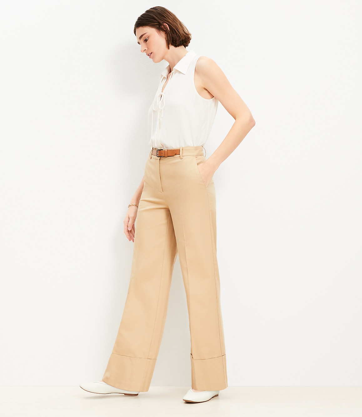 Tall Faux Leather Belted Stovepipe Pants in Twill