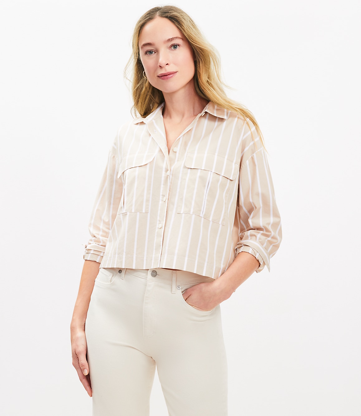 Striped Poplin Wide Sleeve Modern Utility Shirt