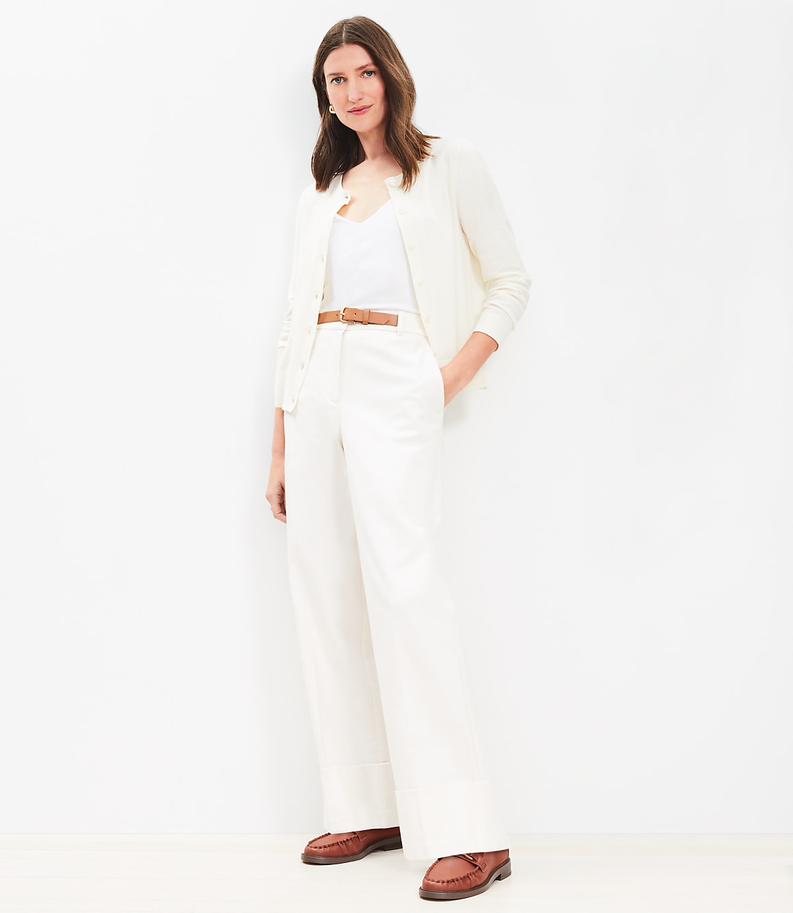 Faux Leather Belted Stovepipe Pants in Twill