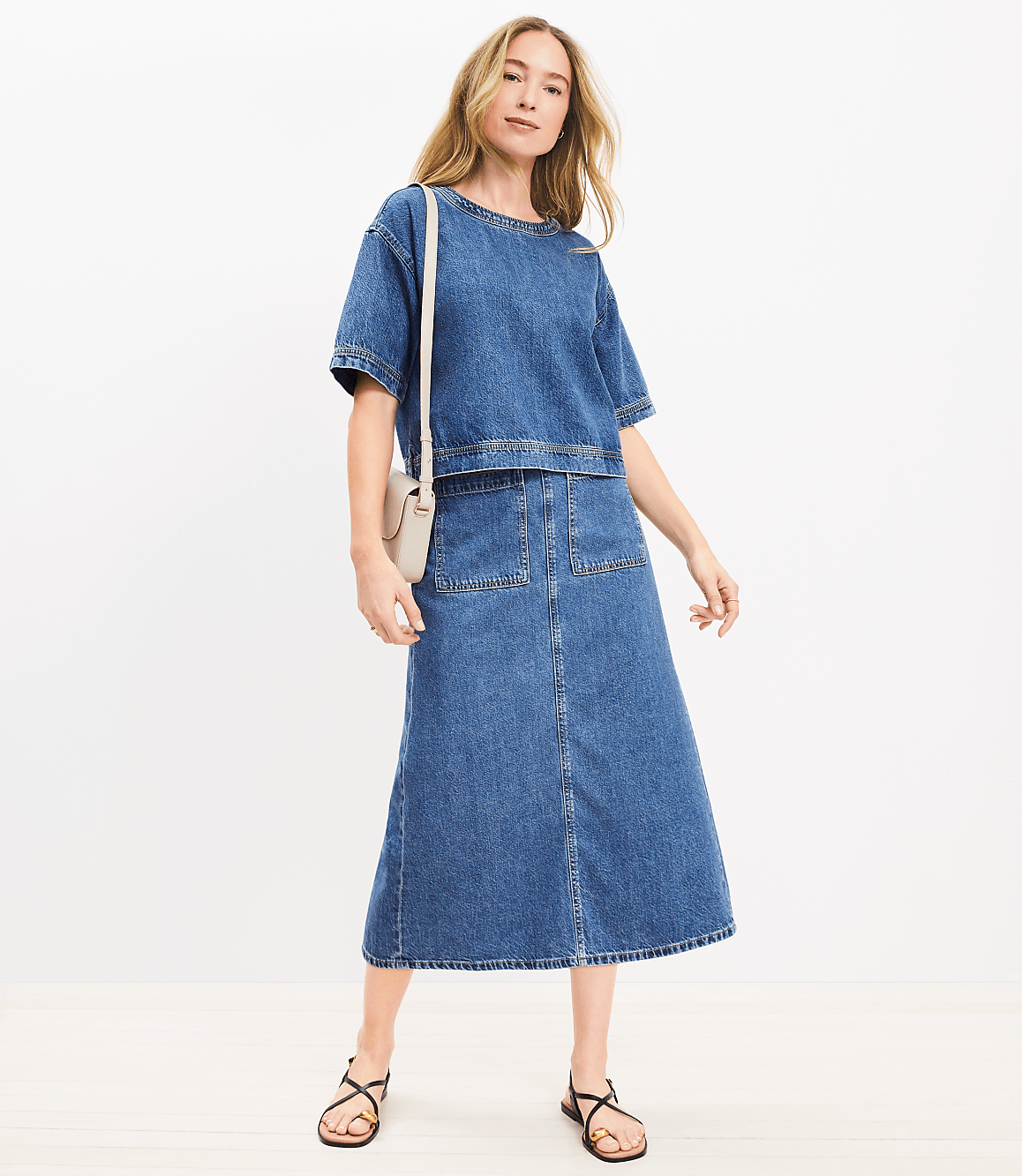 Denim Patch Pocket Midi Skirt in Classic Mid Wash